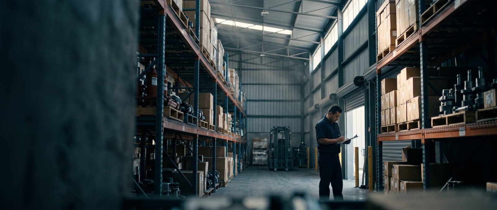 Pasillo de almacén de una empresa mexicana durante la jornada de trabajo