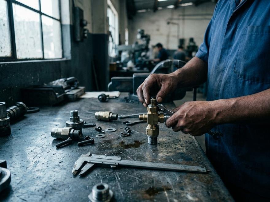 Banco de trabajo de un taller con piezas y herramienta