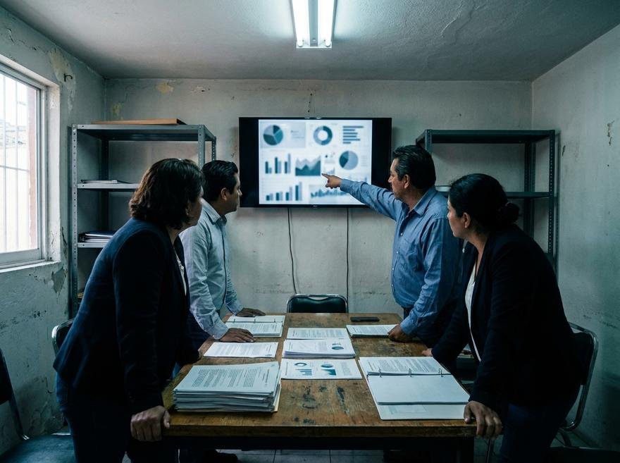 Junta de dirección revisando indicadores en pantalla