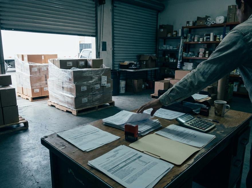 Zona de embarque y escritorio con facturas impresas